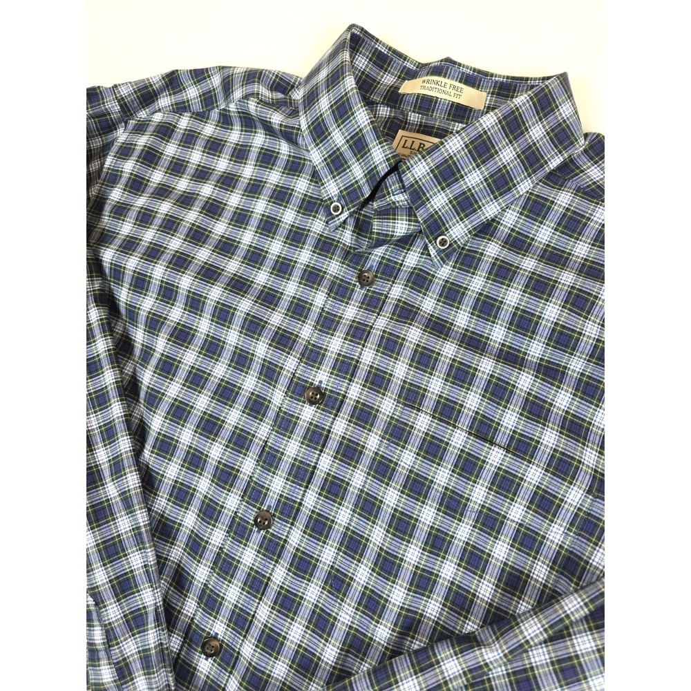 LL Bean Men's Shirt Button Down Large Traditional Fit Blue White Plaid Cotton